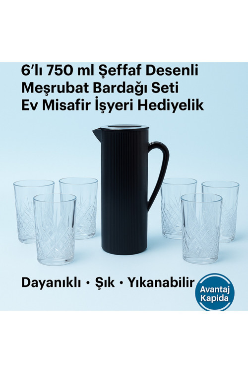 Akrilik Sürahi 1,5 L Başucu + 6’lı 750 ml Şeffaf Desenli Meşrubat Bardağı Seti Ev Misafir Hediyelik