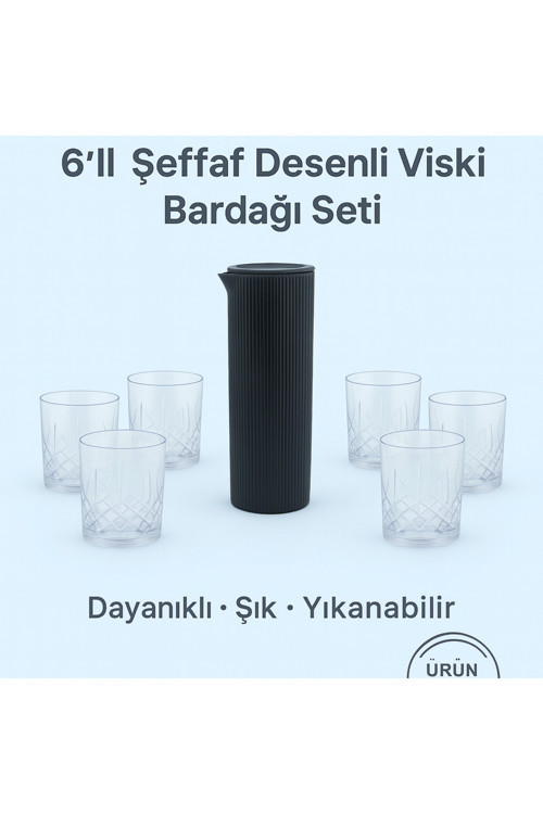 Akrilik Sürahi 1,5 L Cam Görünümlü Başucu + 6’Lı Şeffaf Desenli Viski Bardağı Seti