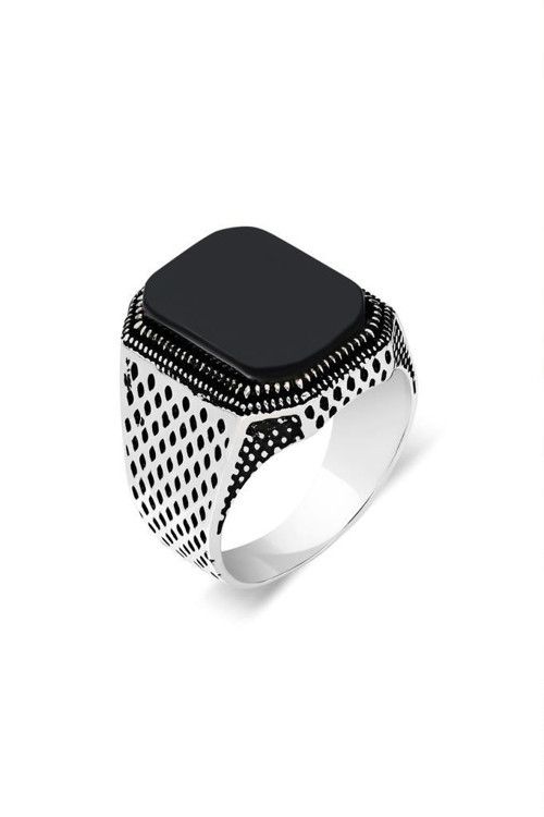 Erkek Gümüş Yüzük Siyah Oniks Taşlı İşlemeli Gümüş Yüzük EYZ-81
