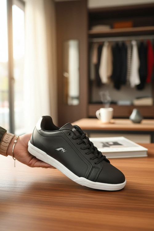 Erkek Siyah Beyaz Tabanlı Günlük Spor Ayakkabı - Rahat Kalıp Court Sneaker