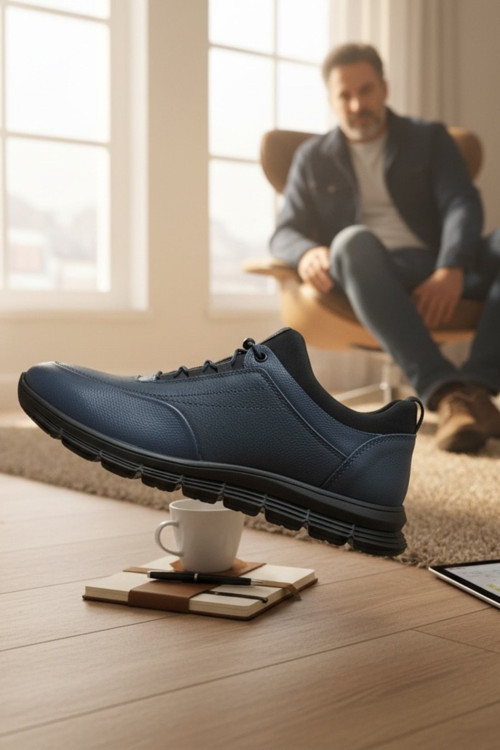 Hakiki Deri Lacivert Lastikli Erkek Sneaker Ortopedik Taban