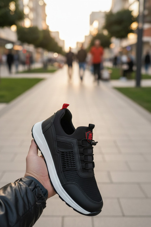 Erkek Siyah Akıllı Bağcıklı Yürüyüş Ayakkabısı - Bağcık Bağlamasız Pratik Sneaker
