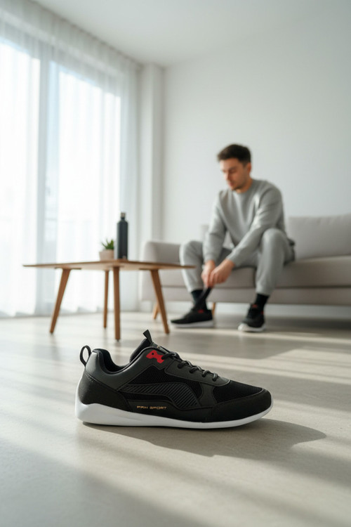 Erkek Siyah Gri Kırmızı Detaylı Spor Ayakkabı - Hafif Taban Yürüyüş Sneaker