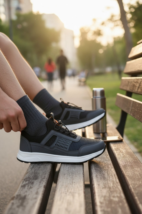 Erkek Siyah Akıllı Bağcıklı Yürüyüş Ayakkabısı - Bağcık Bağlamasız Pratik Sneaker