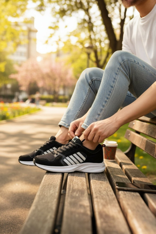 Erkek Koşu ve Yürüyüş Ayakkabısı Sportif Çizgili Hafif Taban Sneaker Tam Kalıp