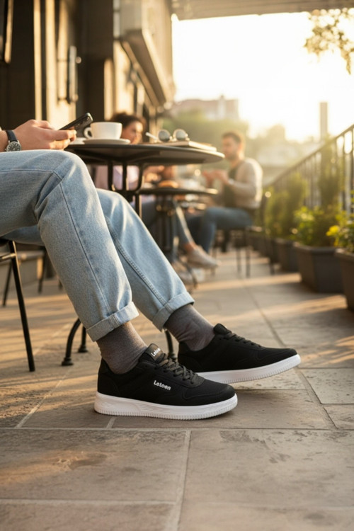 Erkek Siyah Beyaz Tabanlı Fileli Günlük Spor Ayakkabı - Nefes Alan Rahat Sneaker