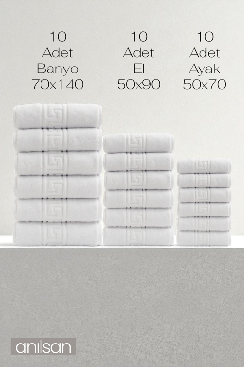 30'lu Greek Havlu Otel Serisi S - 10 El Havlu 50x90, 10 Banyo Havlu 70x140, 10 Ayak Havlu 50x70