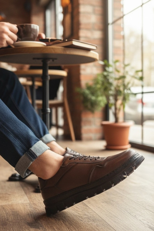 Hakiki Deri Kahve Klasik Hatlı Erkek Sneaker Ayakkabı Ortopedik Taban