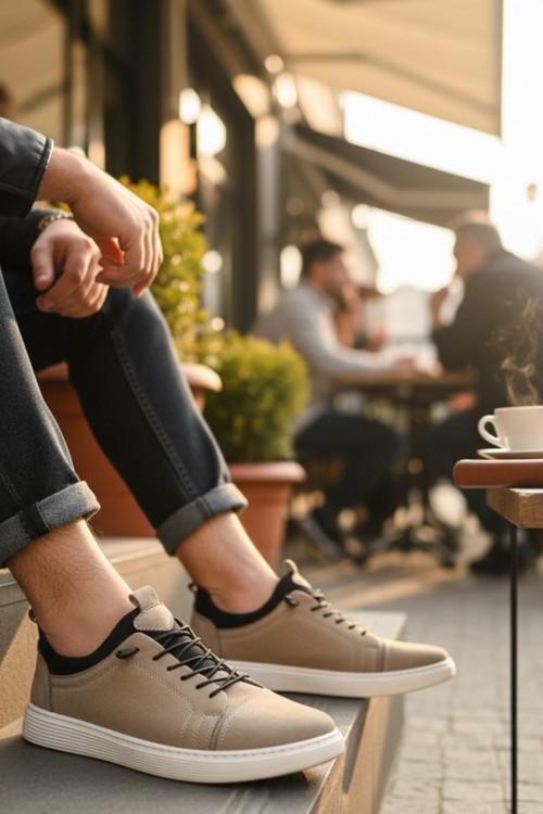 Hakiki Deri Lastik Detaylı Erkek Sneaker Ayakkabı Ortopedik Taban