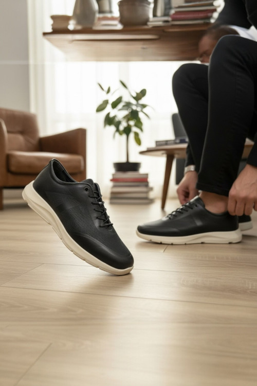 Hakiki Deri Siyah Beyaz Yüksek Tabanlı Erkek Sneaker Ayakkabı Ortopedik Taban