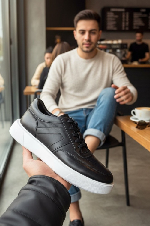 Hakiki Deri Siyah Beyaz Günlük Bağcıklı Erkek Sneaker Yüksek Comfort Taban