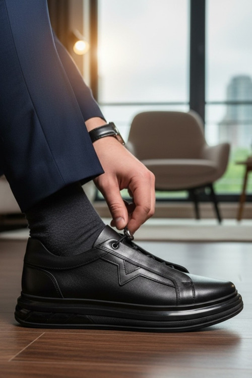 Hakiki Deri Yıldız Detaylı Günlük Erkek Sneaker Yüksek Comfort Taban