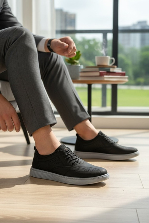 Hakiki Deri Lazer Perforeli Erkek Sneaker Ayakkabı Ortopedik Taban