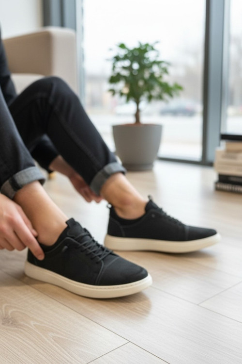 Hakiki Deri Siyah Süet Beyaz Tabanlı Erkek Sneaker Ortopedik Taban