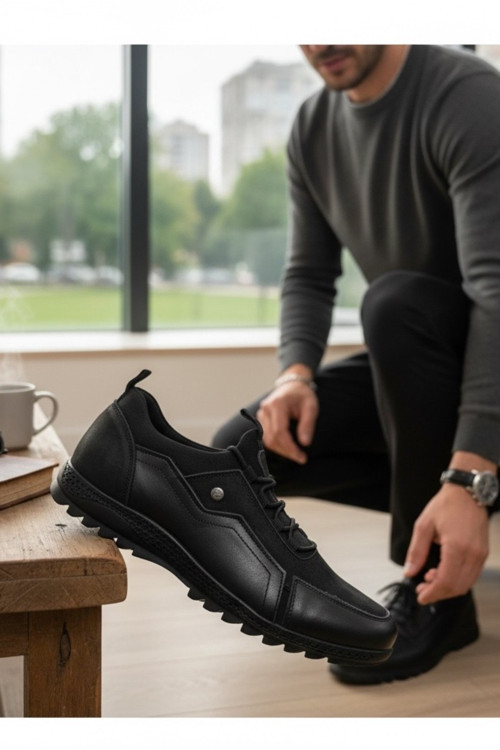 Hakiki Deri Siyah Erkek Sneaker Ortopedik Taban