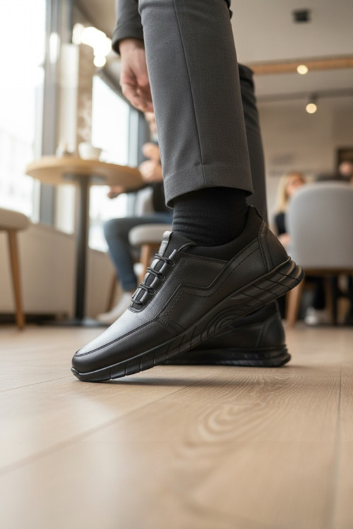 Hakiki Deri Siyah Erkek Sneaker Ayakkabı Ortopedik Taban