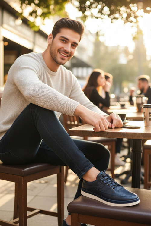 Hakiki Deri Lacivert Lazer Delikli Bağcıklı Erkek Sneaker Ortopedik Taban
