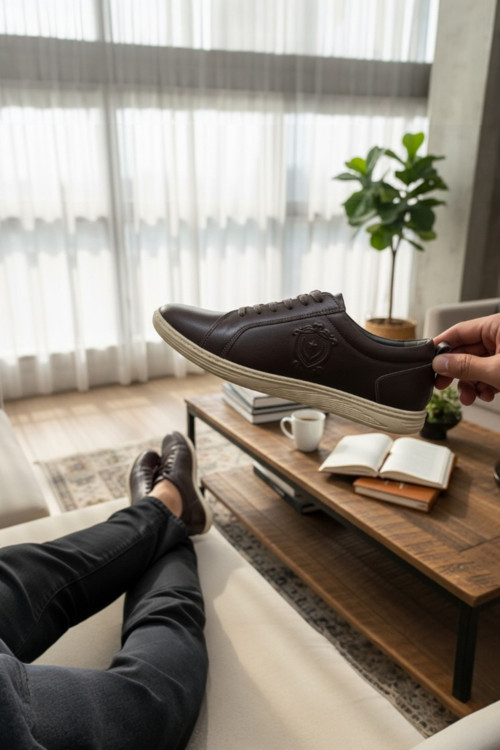 Hakiki Deri Kahverengi Beyaz Tabanlı Logo Detaylı Erkek Sneaker