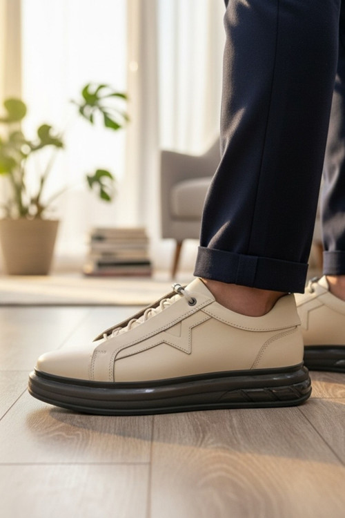 Hakiki Deri Yıldız Detaylı Günlük Erkek Sneaker Yüksek Comfort Taban