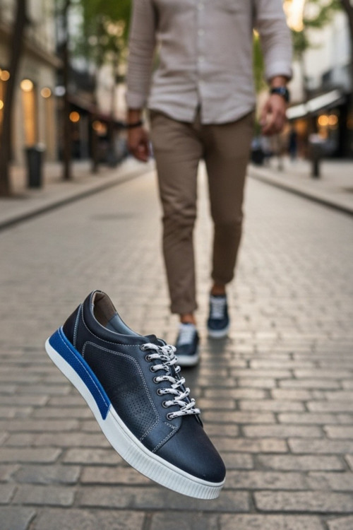 Hakiki Deri Mavi Renk Detaylı Erkek Sneaker Ortopedik Taban