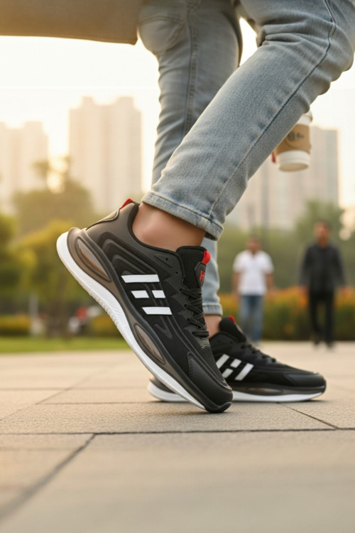 Erkek Siyah Beyaz Çizgili Sportif Yürüyüş Ayakkabısı - Ortopedik Destekli Sneaker
