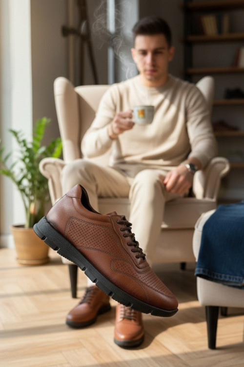 Hakiki Deri Lazer Delik Detaylı Erkek Sneaker Ortopedik Taban