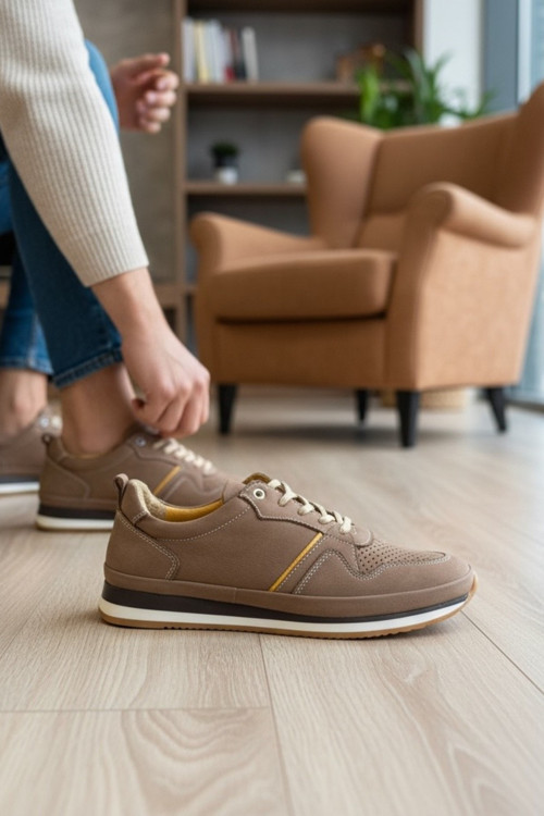 Hakiki Deri Sarılı Detaylı Erkek Sneaker Ayakkabı Ortopedik Taban