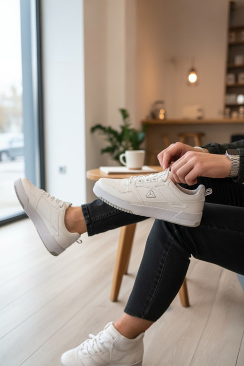 Erkek Beyaz Üçgen Logo Detaylı Perfore Burunlu Günlük Casual Spor Ayakkabı Sneaker