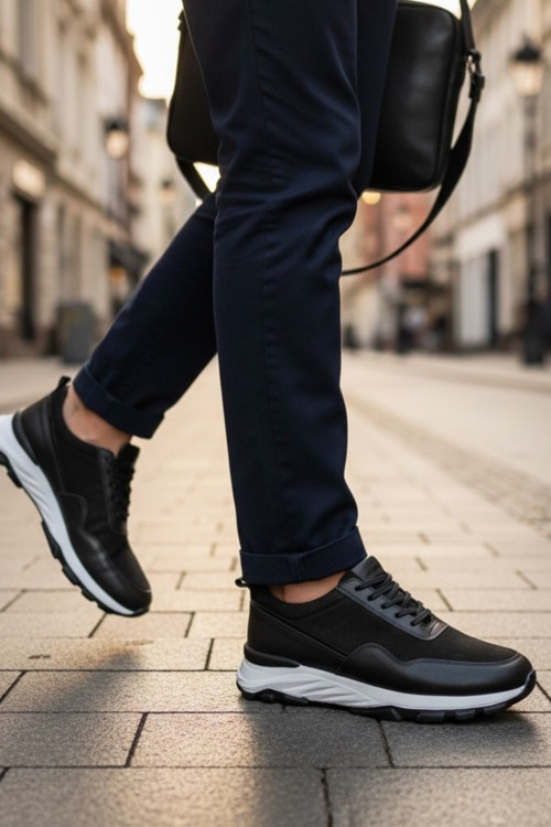 Hakiki Deri Süet Detaylı Yüksek Taban Bağcıklı Erkek Sneaker Ortopedik Taban