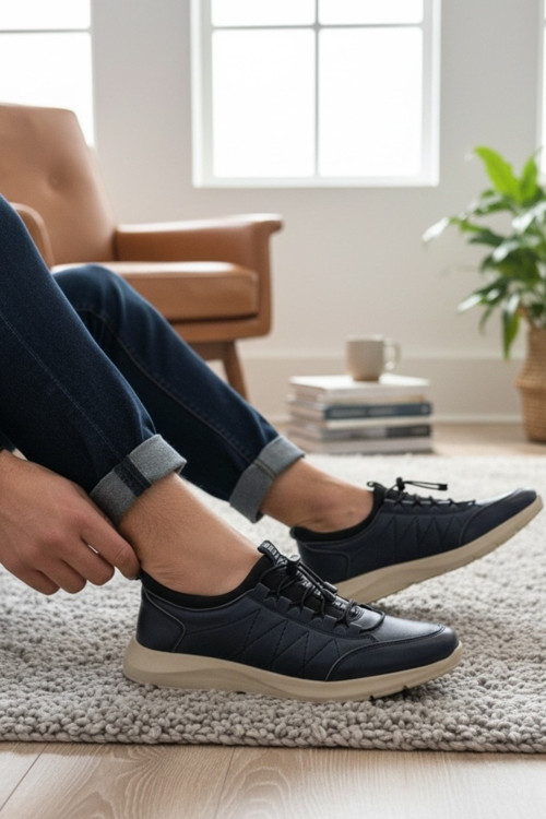 Hakiki Deri Lacivert Zikzak Nakışlı Erkek Sneaker Ayakkabı Ortopedik Taban