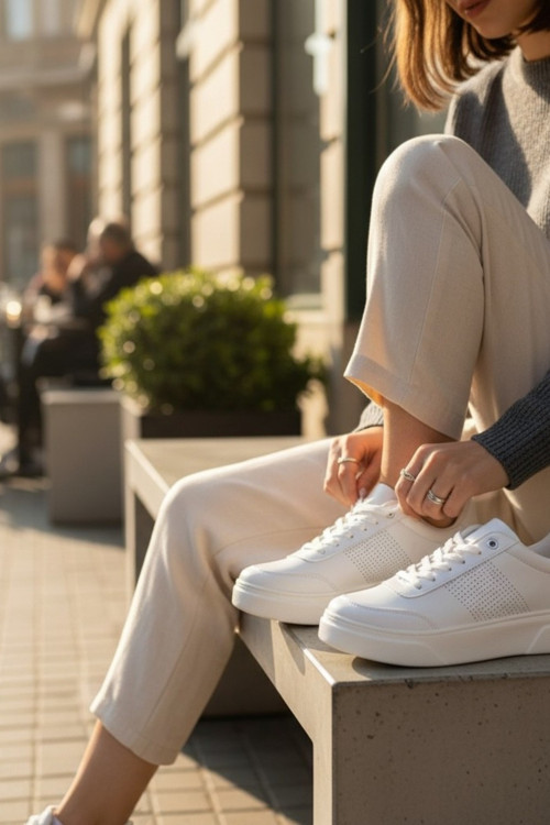 Erkek Beyaz Günlük Spor Ayakkabı Perfore Detaylı Sneaker Kalın Taban Okul ve Yürüyüş Modeli