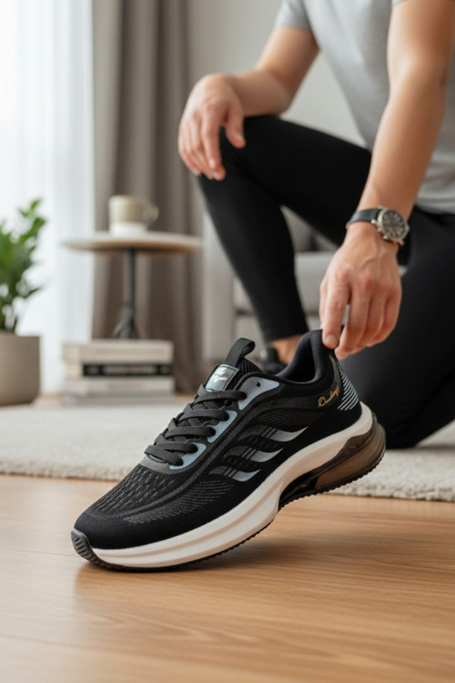 Erkek Spor ve Yürüyüş Ayakkabısı Tam Ortopedik Tabanlı Siyah Gold Detaylı Performans Modeli