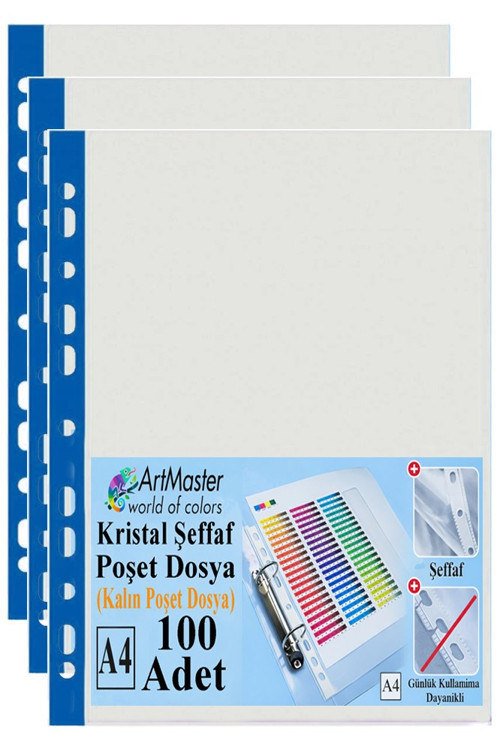 Kalın Poşet Dosya A4 Kristal 100 Adet Kalın Poşet Dosya Föy Mavi Şeritli 100 Mikron Şeffaf Belge Arşivleme Büro Ofis