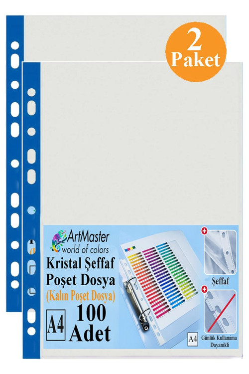 Kalın Poşet Dosya A4 Kristal 100 lü 2 Paket Kalın Poşet Dosya Föy Mavi Şeritli 100 Mikron Şeffaf Belge Arşivleme Büro