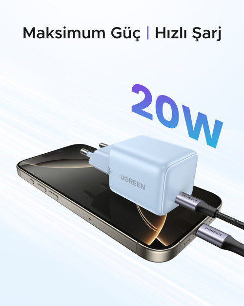 UGREEN 20W GaN Hızlı Şarj Cihazı Type-C QC PD 1xUSB-C, Mavi, 55555 5