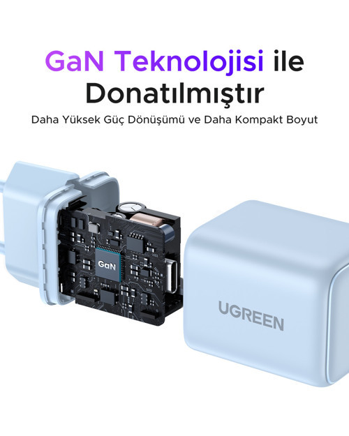 UGREEN 20W GaN Hızlı Şarj Cihazı Type-C QC PD 1xUSB-C, Mavi, 55555 8