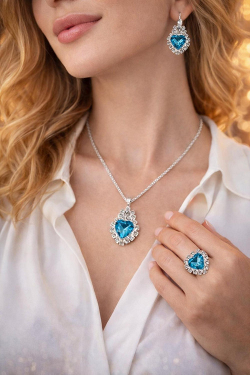 ✨ Kalp Işıltısı Mavi Taşlı Zirkon Takı Seti ✨ (Kolye 💍 Küpe 💎 Yüzük)
