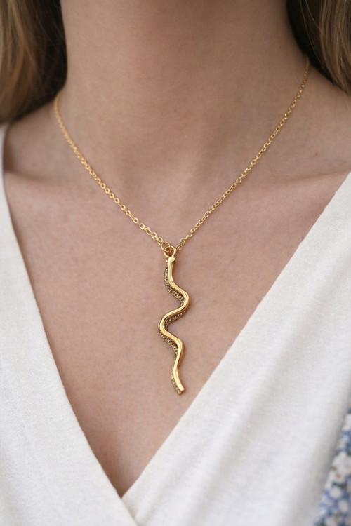 Minimal Dalga Figürlü Taşlı Gold Kadın Kolye