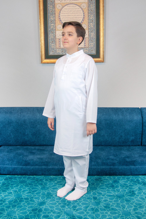 Erkek Çocuk Hac Umre Hakim Yaka Afgan Takım - Beyaz
