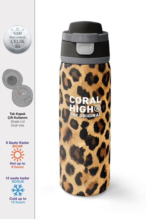 Kahverengi Leopar Desenli Pipetli ve Direkt İçim Çelik Termos 800 ml 38541