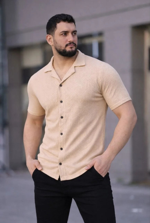 Erkek Waffle Kumaş Kısa Kollu Düğmeli Açık Yaka Regular Fit Gömlek - Bej