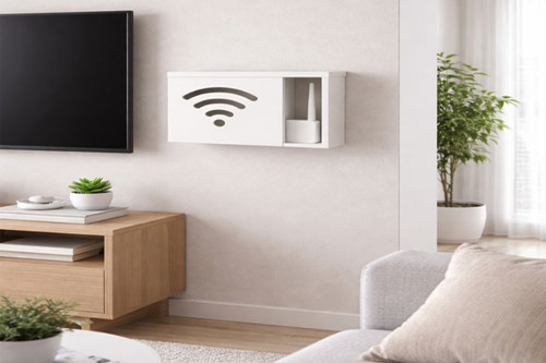 Ahşap Modem Saklama Kutusu Dekoratif WiFi Desenli Saklama Kutusu Demonte 35 X 40 cm Sürgülü