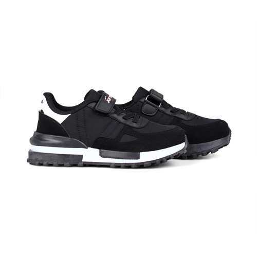 Siyah Cırt Cırtlı Bağcıklı Unisex Çocuk Spor Ayakkabı - Kaymaz Taban Günlük Sneaker