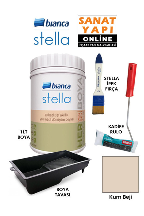 Stella Boya 4 Parçalı Set ( 1Lt Boya - Boya Tavası- Stella İpek Fırça - Kadife Rulo )