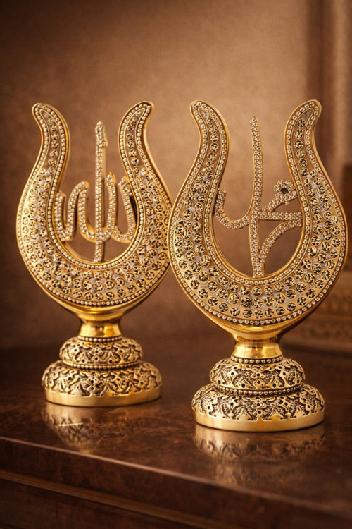 Taş İşlemeli GOLD Biblo Allah & Muhammed (S.A.V) Lale Figürlü Taşlı Masa Üstü Biblo 2’li Set 22 CM