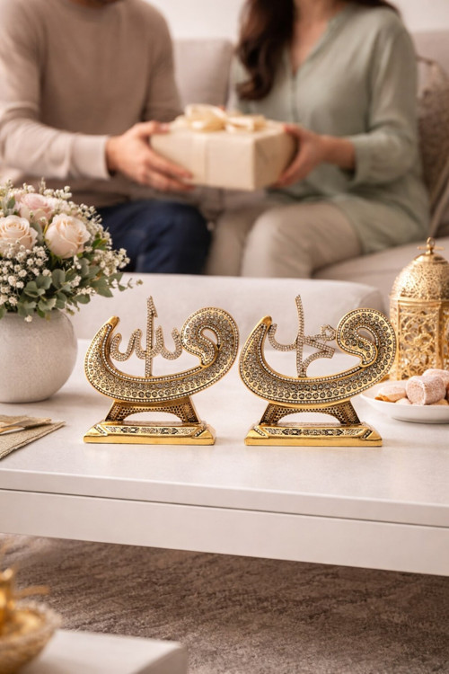 Taş İşlemeli GOLD Biblo Allah & Muhammed (S.A.V) Vav ve Elif Figürlü Masa Üstü Biblo 2’li Set 18 CM