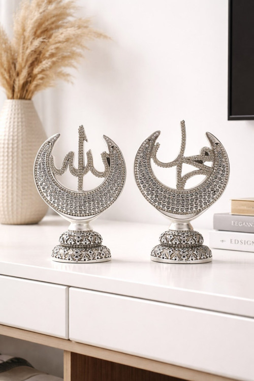 Taş İşlemeli Gümüş Biblo Allah & Muhammed (S.A.V) Hilal Taşlı Figürlü Masa Üstü Biblo 2’li Set 20 CM