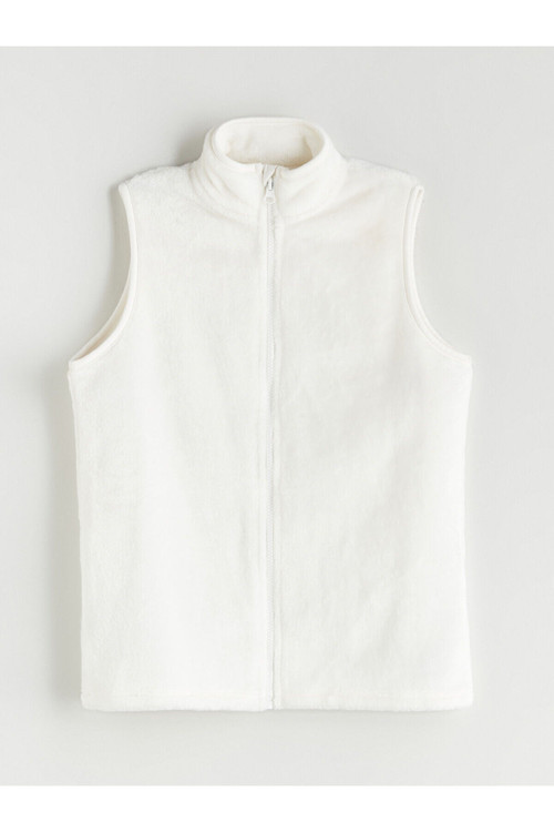 Ekru Dik Yaka Kız Çocuk Pelüş Yelek