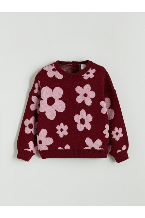 Çiçek Desenli Kız Çocuk Triko Kazak