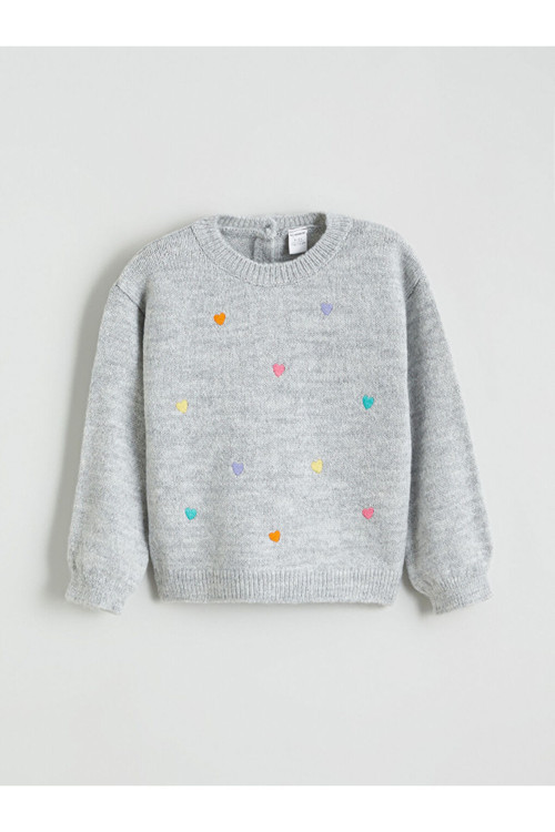 Gri Kalp Nakışlı Kız Çocuk Triko Kazak